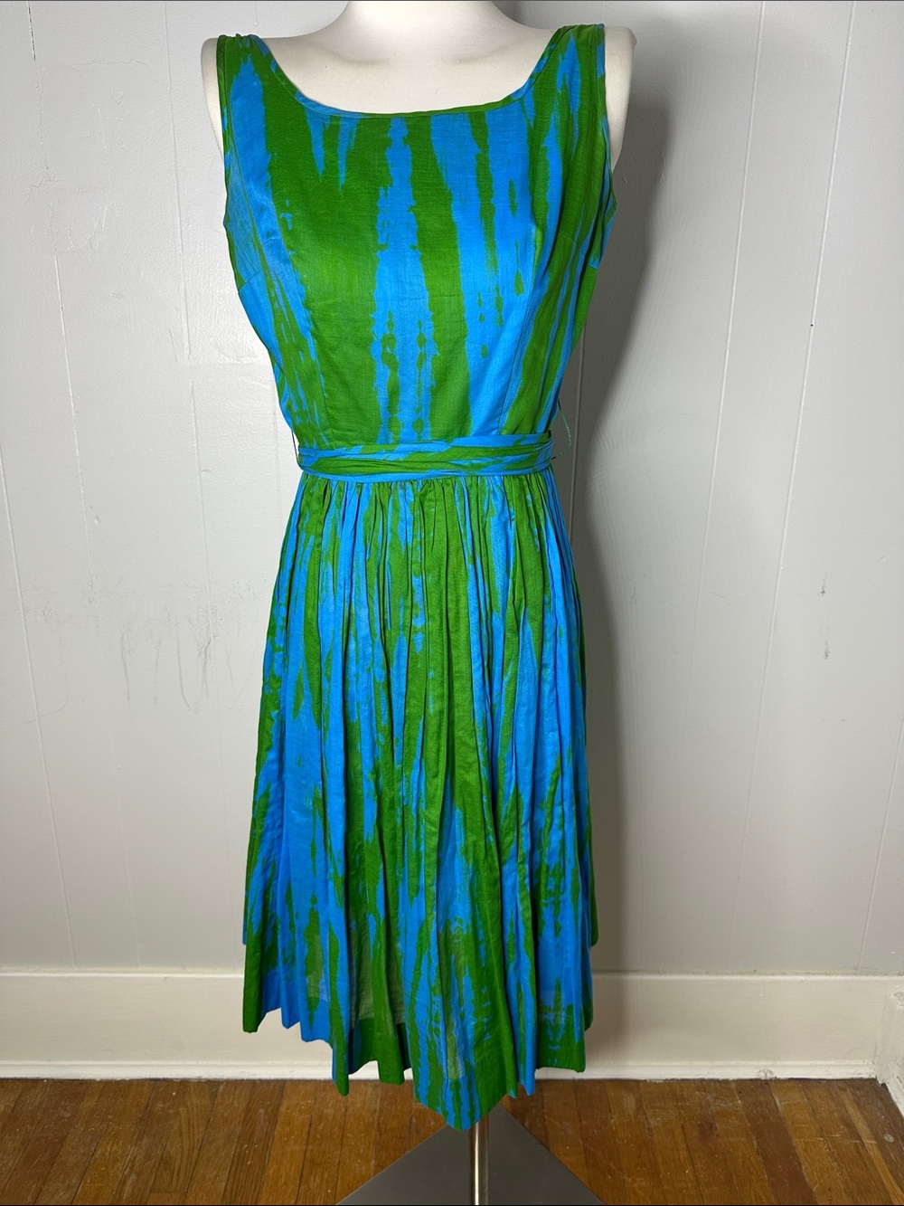 Vintage 1950s Cotton Blue Green Fit And Flare Belted Midi Dress